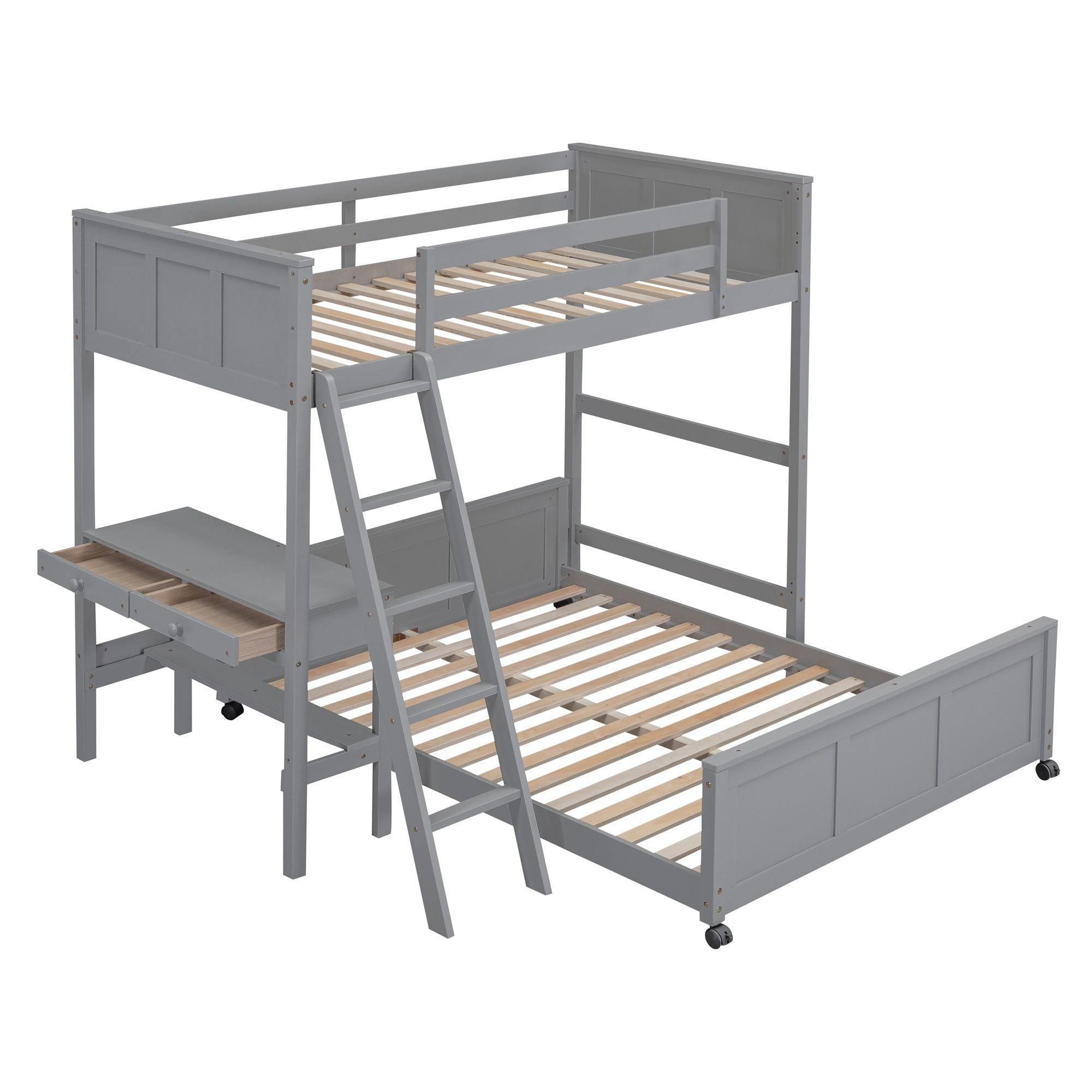 Space-Saving Twin Over Full Wood Bunk Bed with Desk in Gray | Just Better Bunk Beds