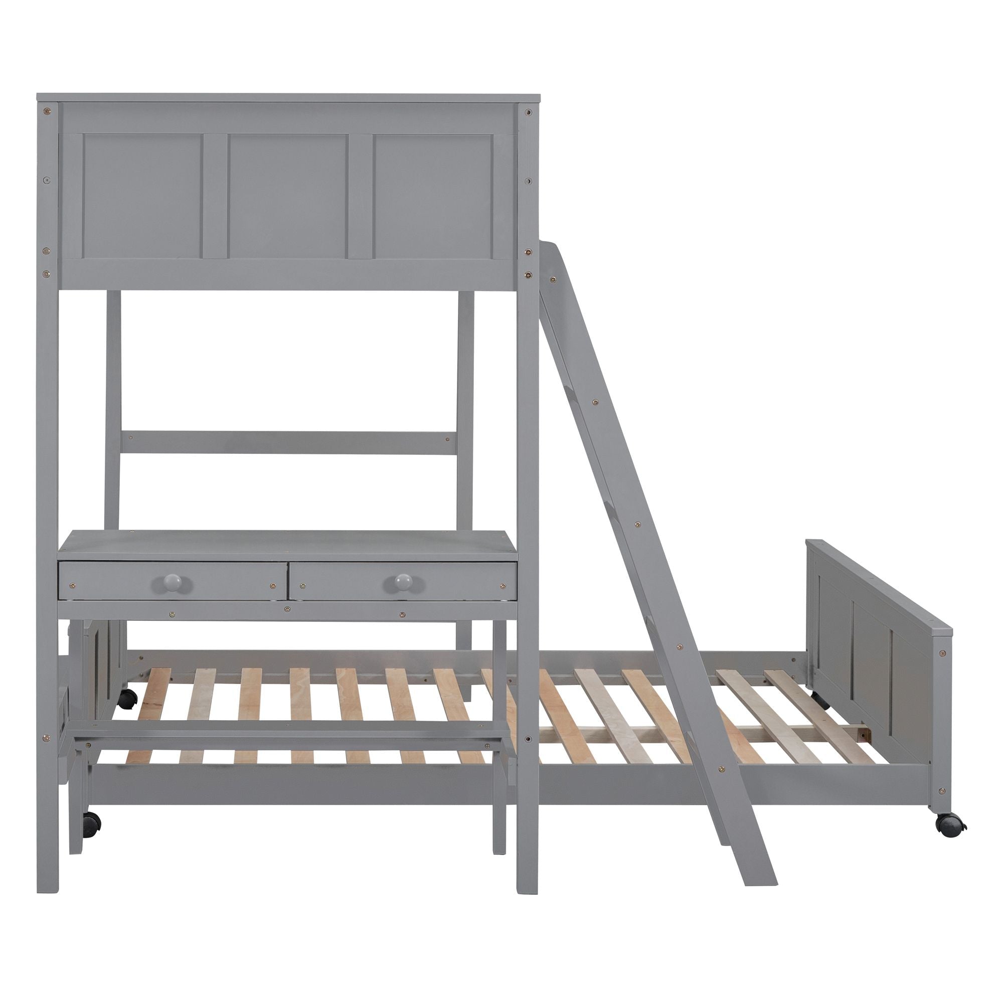 Space-Saving Twin Over Full Wood Bunk Bed with Desk in Gray | Just Better Bunk Beds