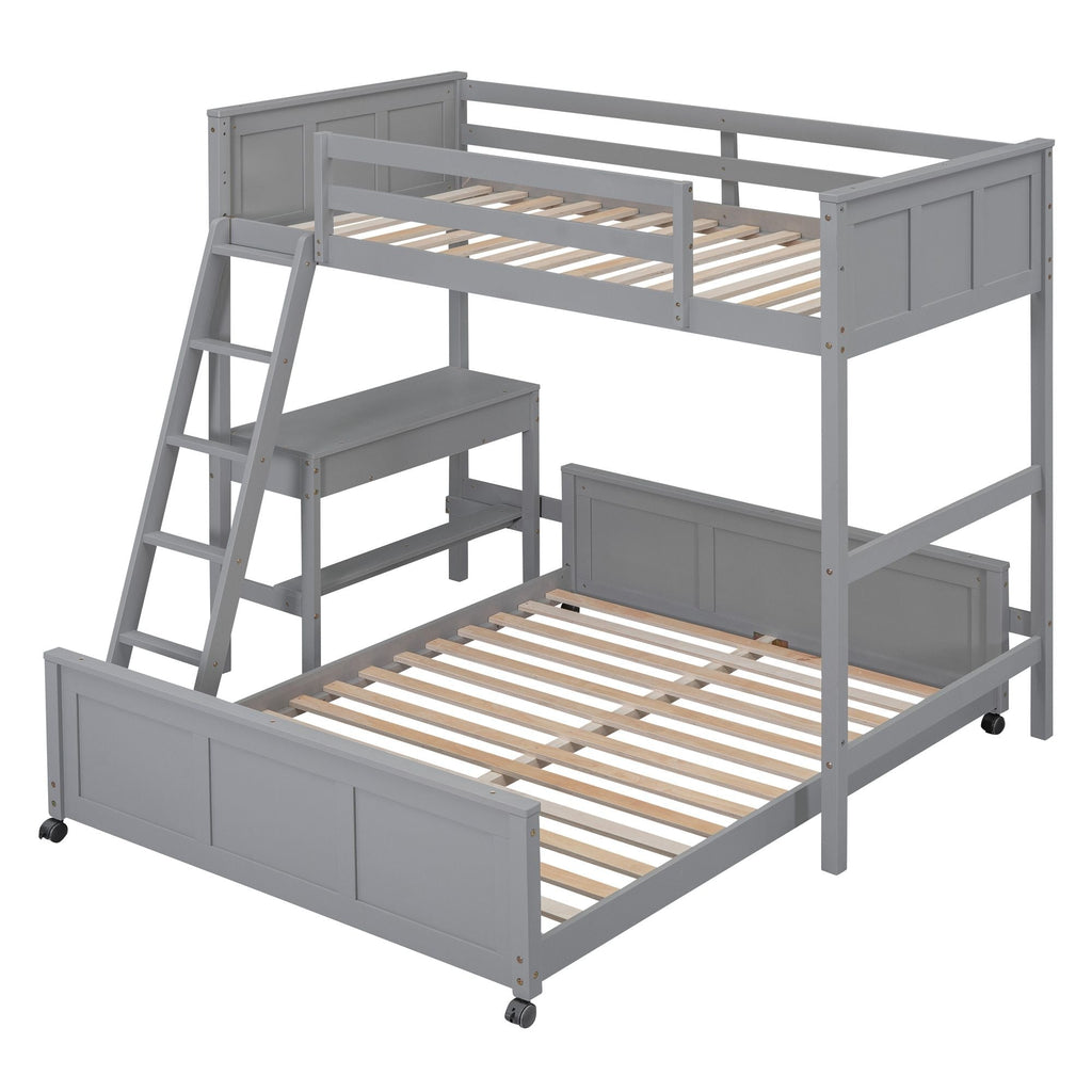 Space-Saving Twin Over Full Wood Bunk Bed with Desk in Gray | Just Better Bunk Beds