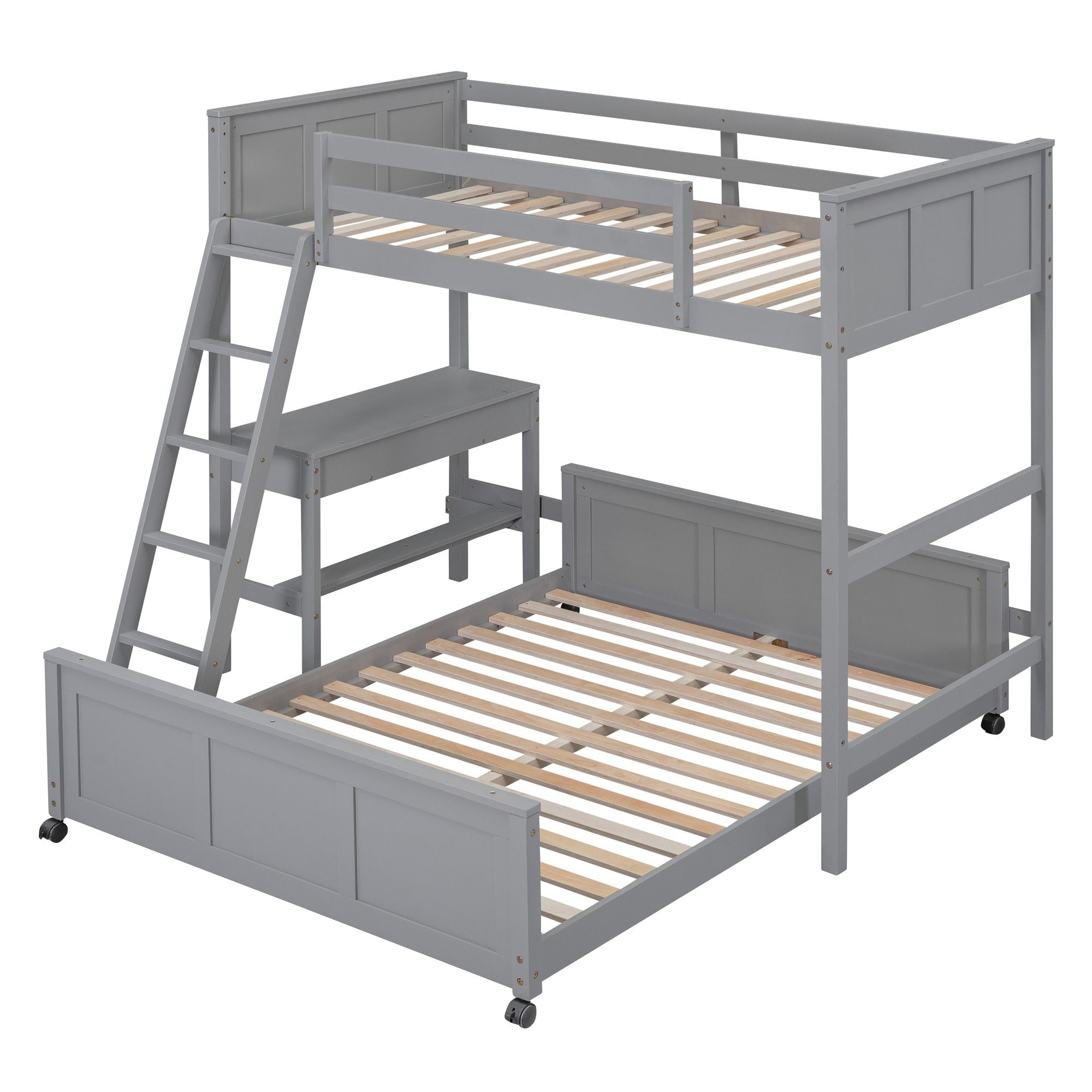 Space-Saving Twin Over Full Wood Bunk Bed with Desk in Gray | Just Better Bunk Beds