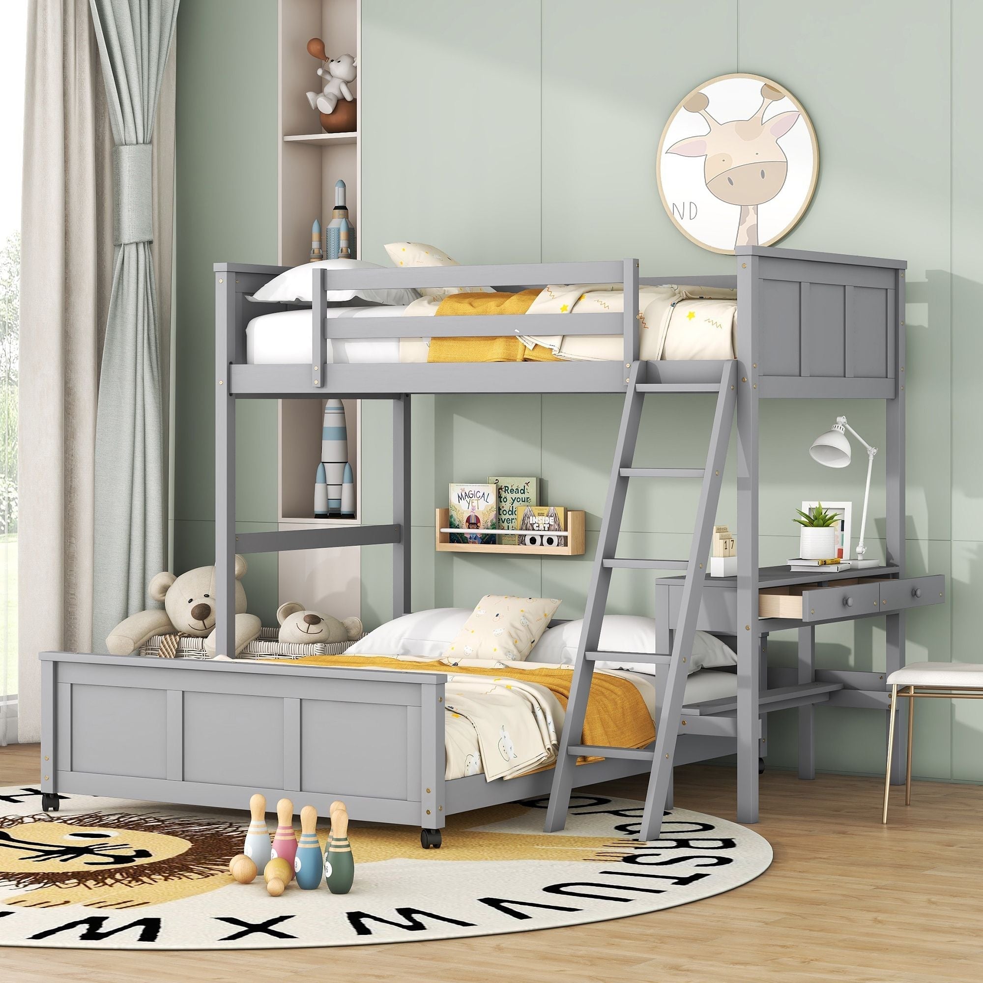 Space-Saving Twin Over Full Wood Bunk Bed with Desk in Gray | Just Better Bunk Beds