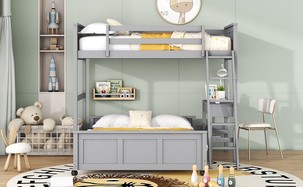 Space-Saving Twin Over Full Wood Bunk Bed with Desk in Gray | Just Better Bunk Beds