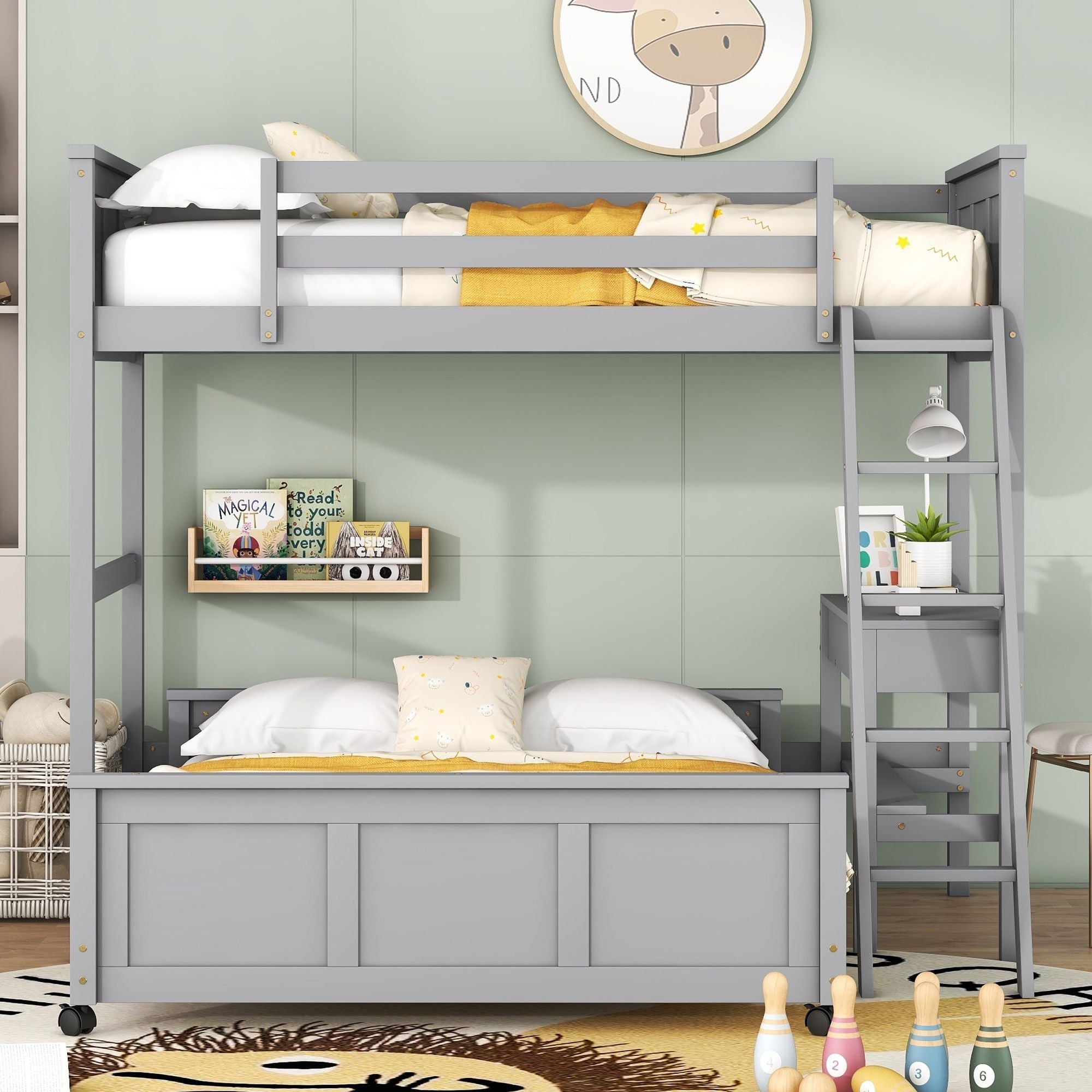 Space-Saving Twin Over Full Wood Bunk Bed with Desk in Gray | Just Better Bunk Beds