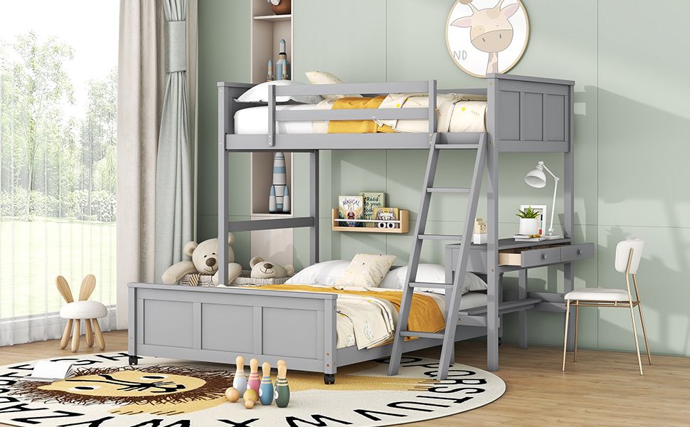 Space-Saving Twin Over Full Wood Bunk Bed with Desk in Gray | Just Better Bunk Beds
