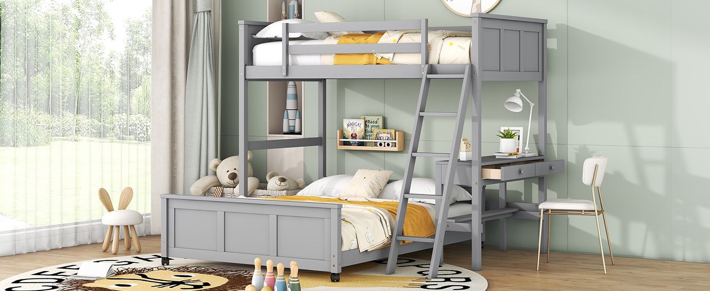 Space-Saving Twin Over Full Wood Bunk Bed with Desk in Gray | Just Better Bunk Beds