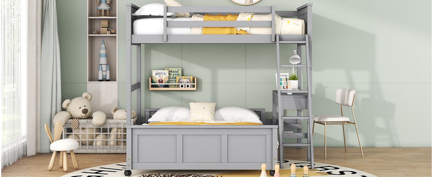 Space-Saving Twin Over Full Wood Bunk Bed with Desk in Gray | Just Better Bunk Beds