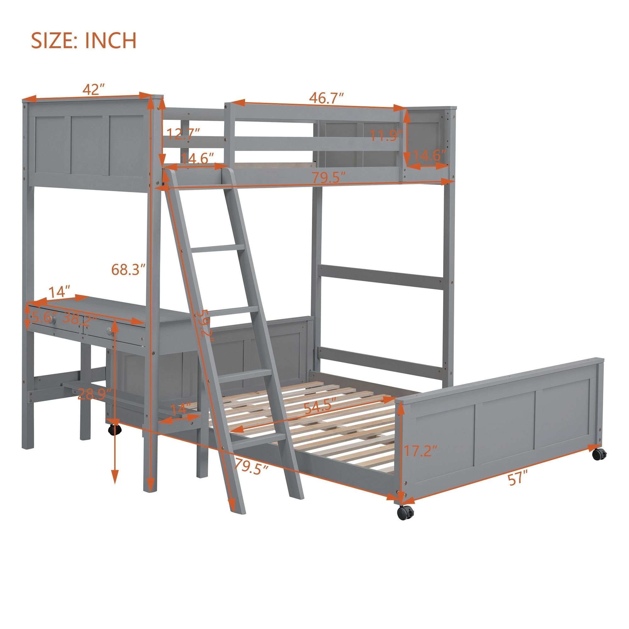 Space-Saving Twin Over Full Wood Bunk Bed with Desk in Gray | Just Better Bunk Beds