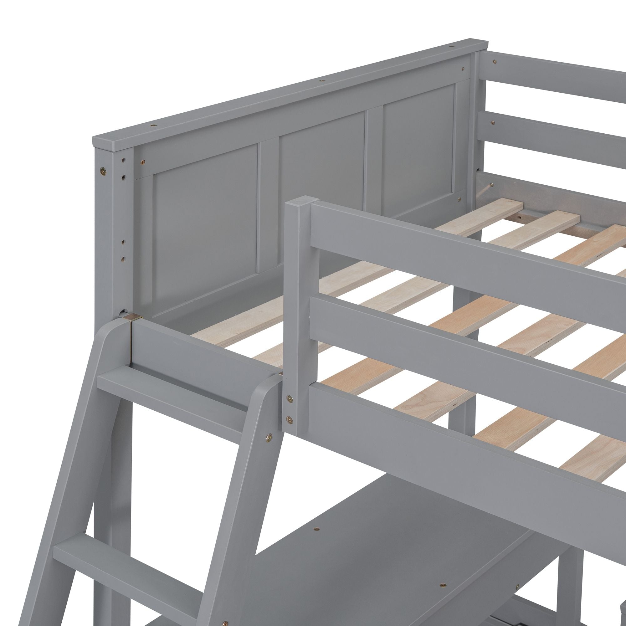 Space-Saving Twin Over Full Wood Bunk Bed with Desk in Gray | Just Better Bunk Beds