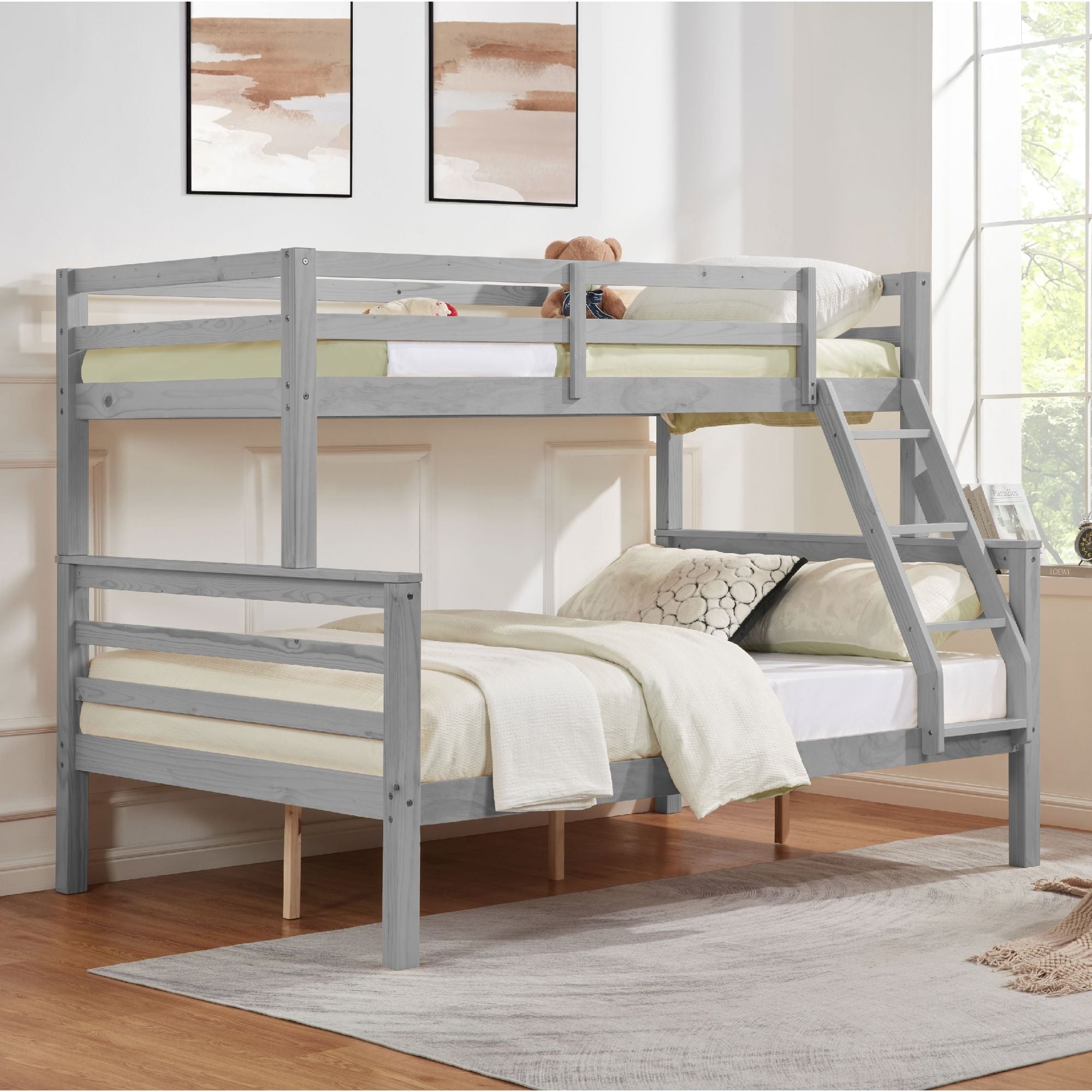 Space-Saving Twin Over Full Wood Bunk Bed with High Guardrail, Ladder, Gray Finish | Just Better Bunk Beds