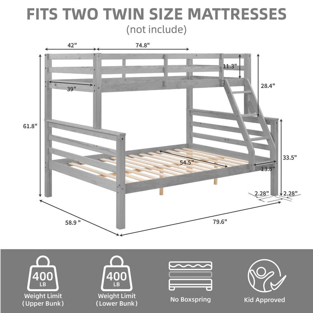 Space-Saving Twin Over Full Wood Bunk Bed with High Guardrail, Ladder, Gray Finish | Just Better Bunk Beds