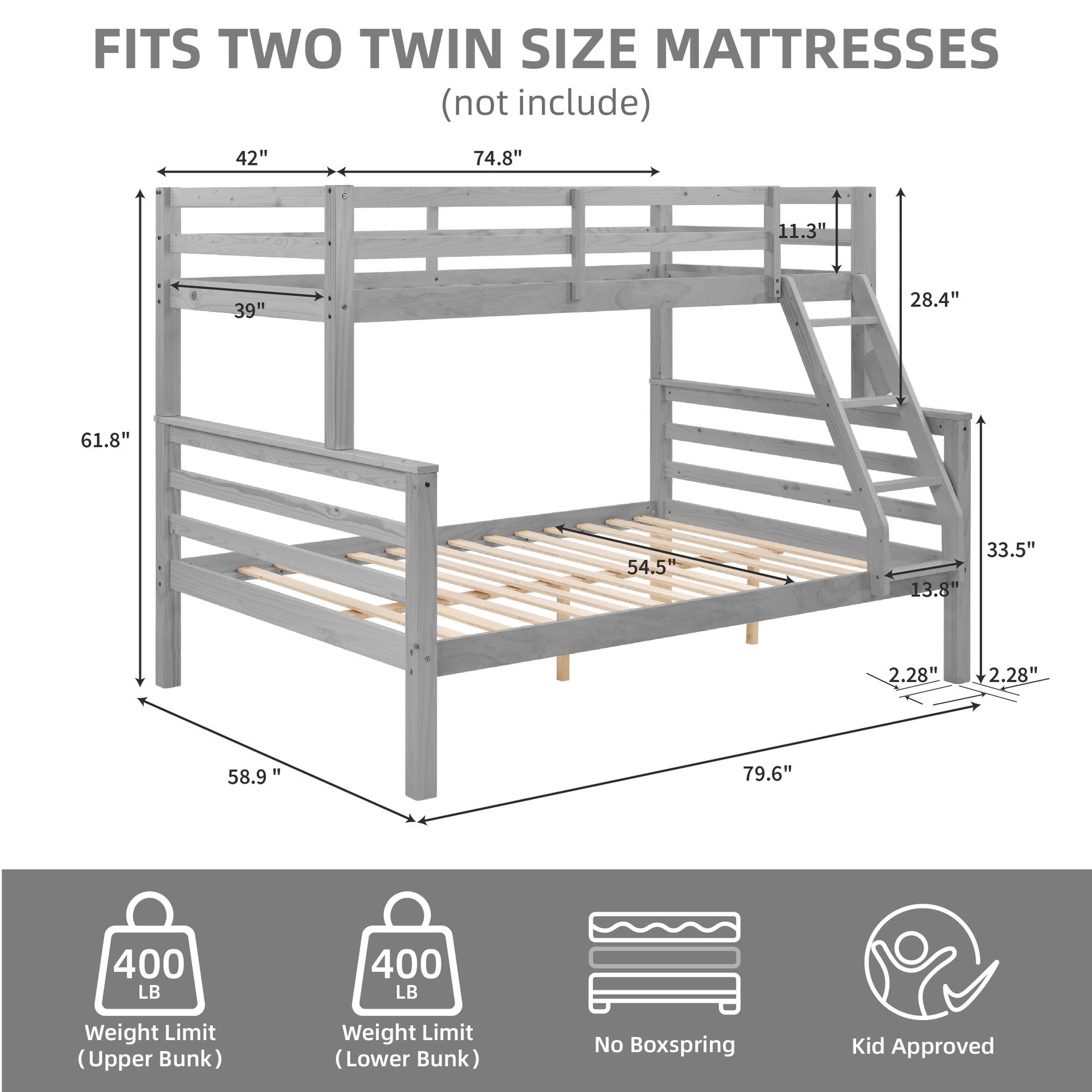 Space-Saving Twin Over Full Wood Bunk Bed with High Guardrail, Ladder, Gray Finish | Just Better Bunk Beds