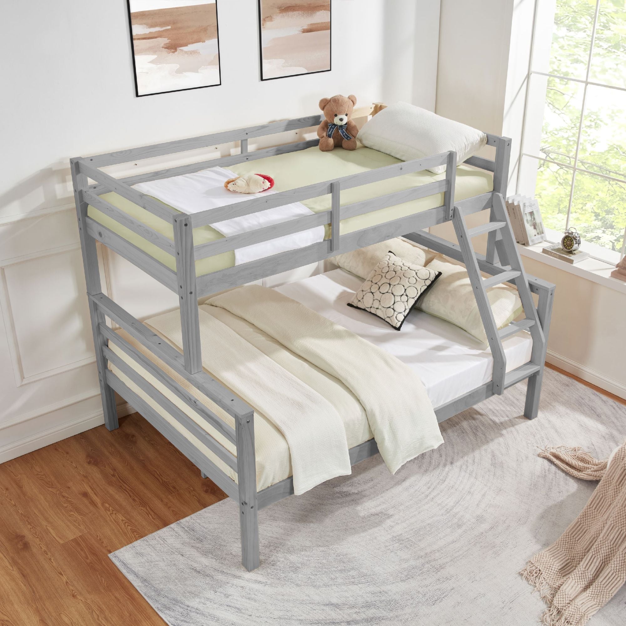 Space-Saving Twin Over Full Wood Bunk Bed with High Guardrail, Ladder, Gray Finish | Just Better Bunk Beds
