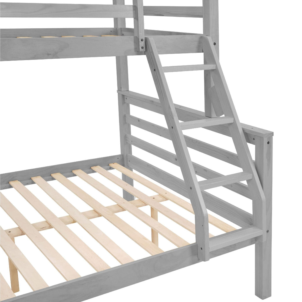Space-Saving Twin Over Full Wood Bunk Bed with High Guardrail, Ladder, Gray Finish | Just Better Bunk Beds