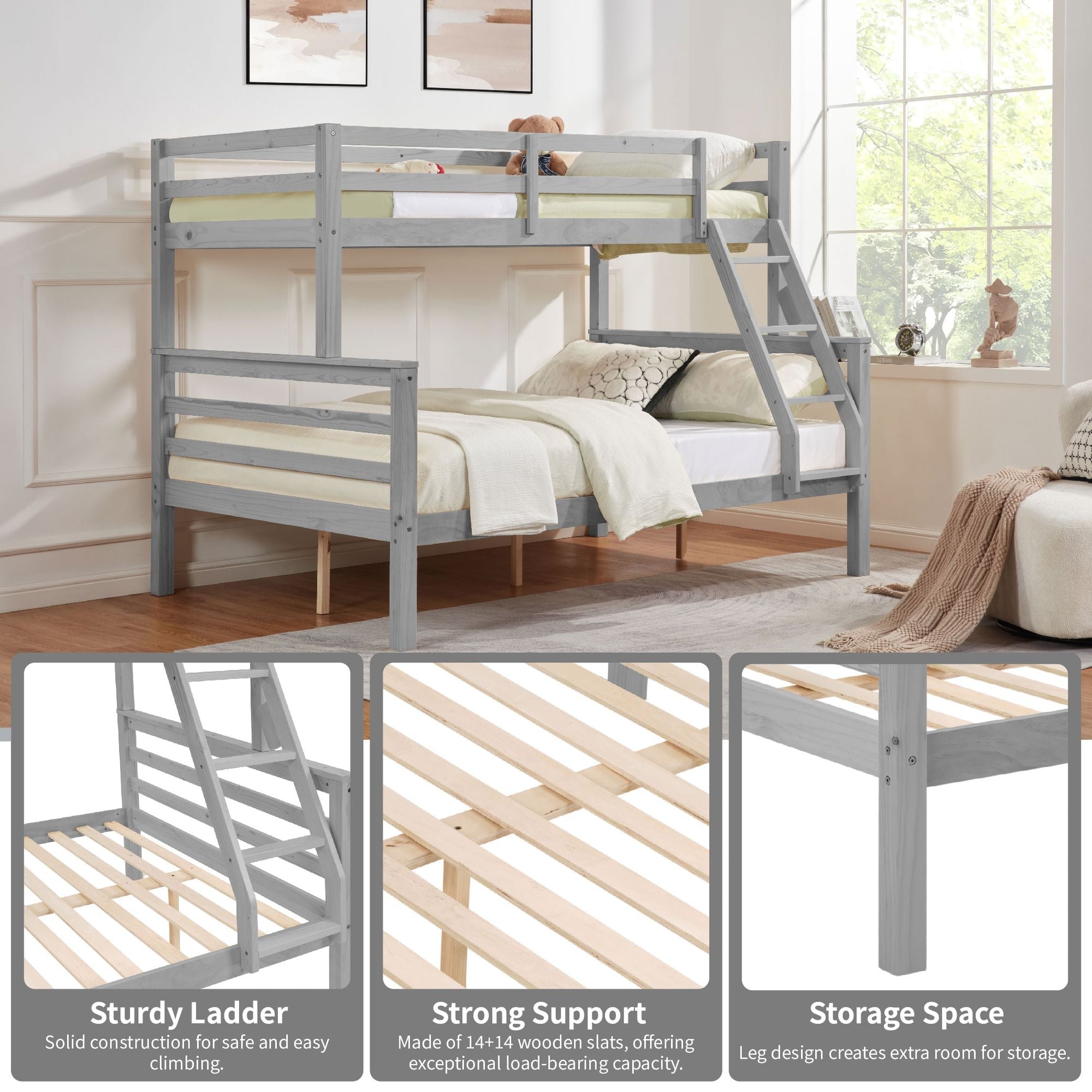 Space-Saving Twin Over Full Wood Bunk Bed with High Guardrail, Ladder, Gray Finish | Just Better Bunk Beds
