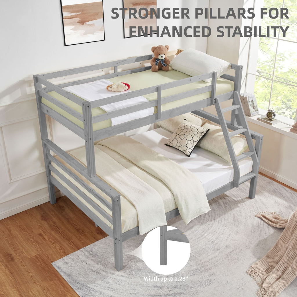 Space-Saving Twin Over Full Wood Bunk Bed with High Guardrail, Ladder, Gray Finish | Just Better Bunk Beds