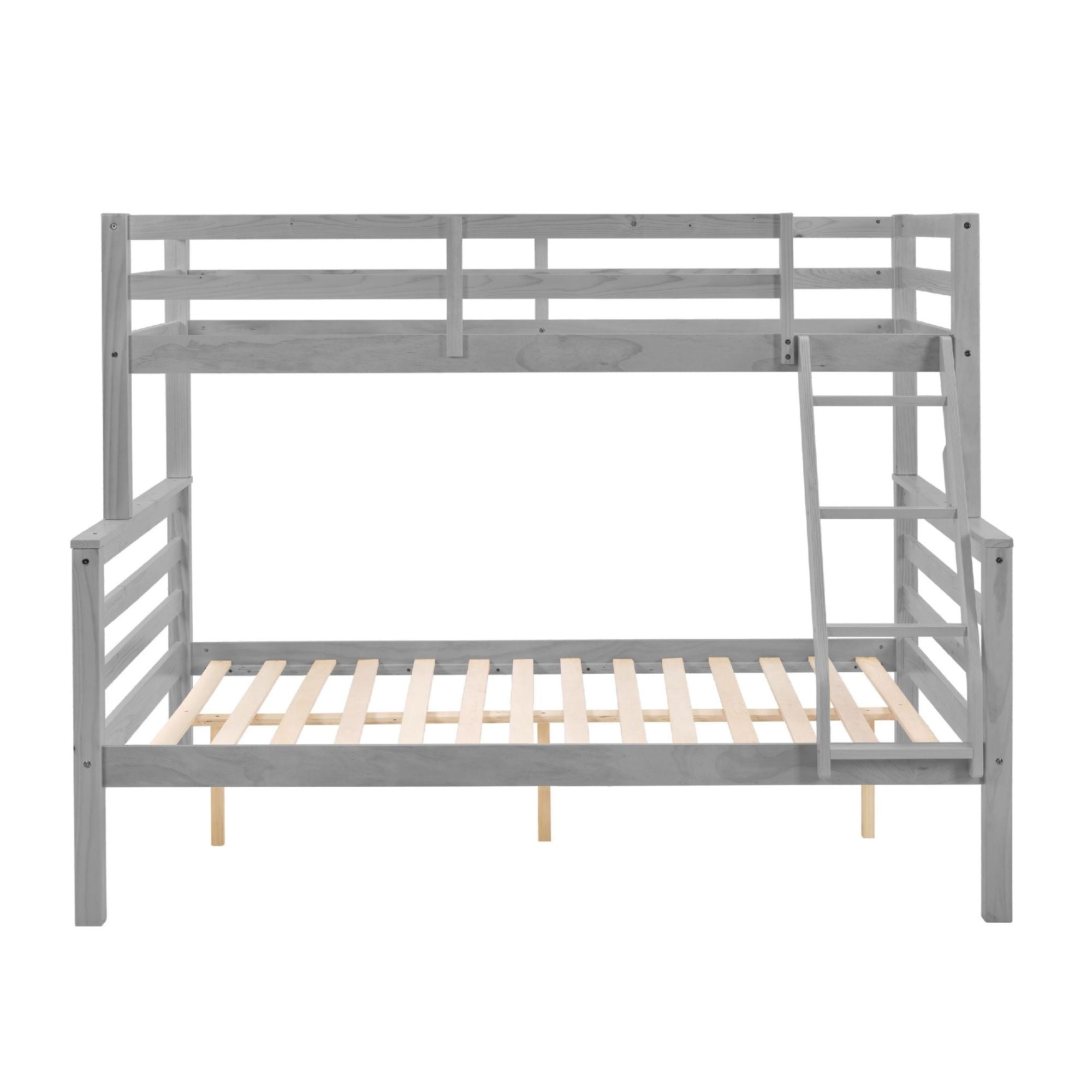 Space-Saving Twin Over Full Wood Bunk Bed with High Guardrail, Ladder, Gray Finish | Just Better Bunk Beds