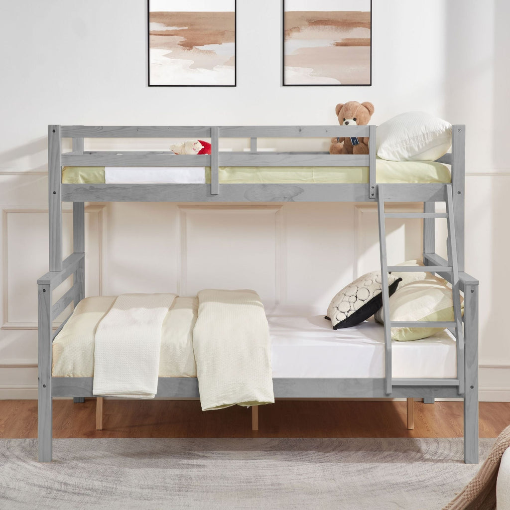 Space-Saving Twin Over Full Wood Bunk Bed with High Guardrail, Ladder, Gray Finish | Just Better Bunk Beds