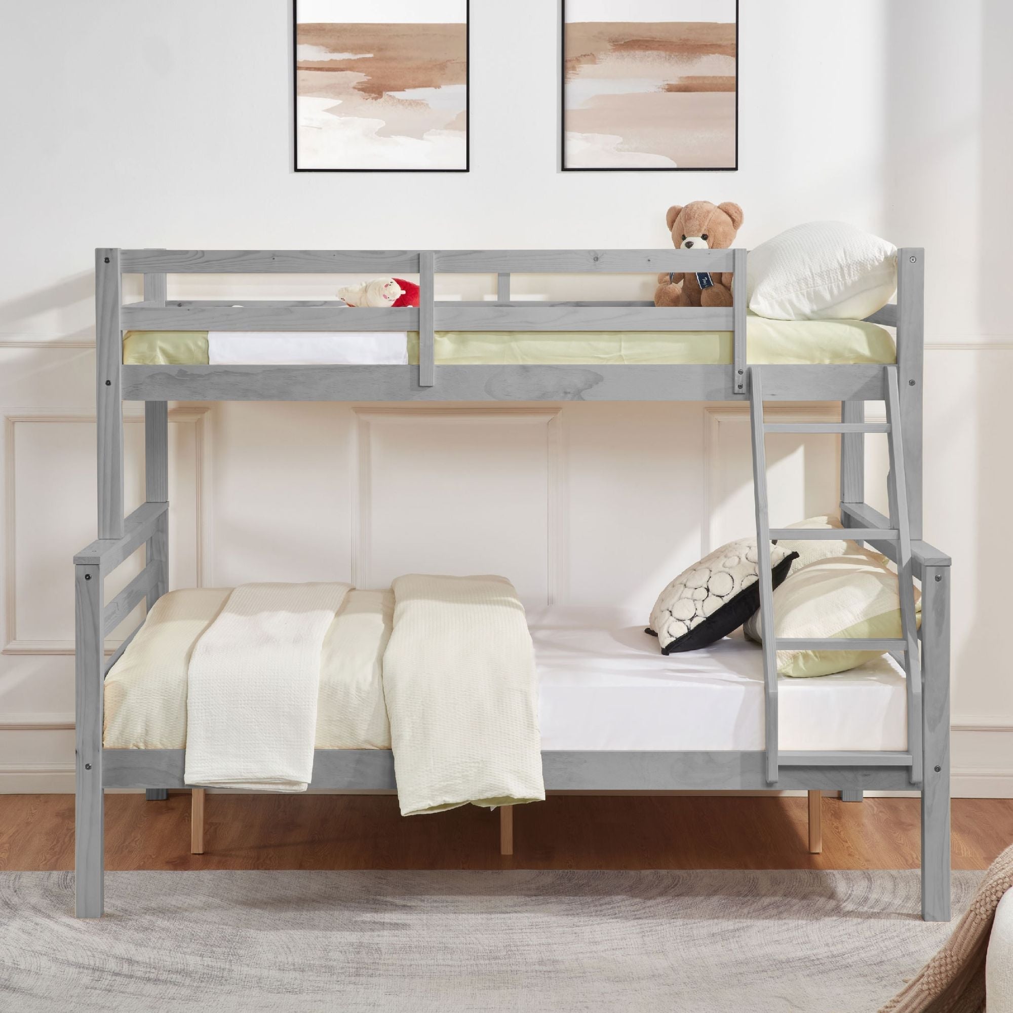 Space-Saving Twin Over Full Wood Bunk Bed with High Guardrail, Ladder, Gray Finish | Just Better Bunk Beds