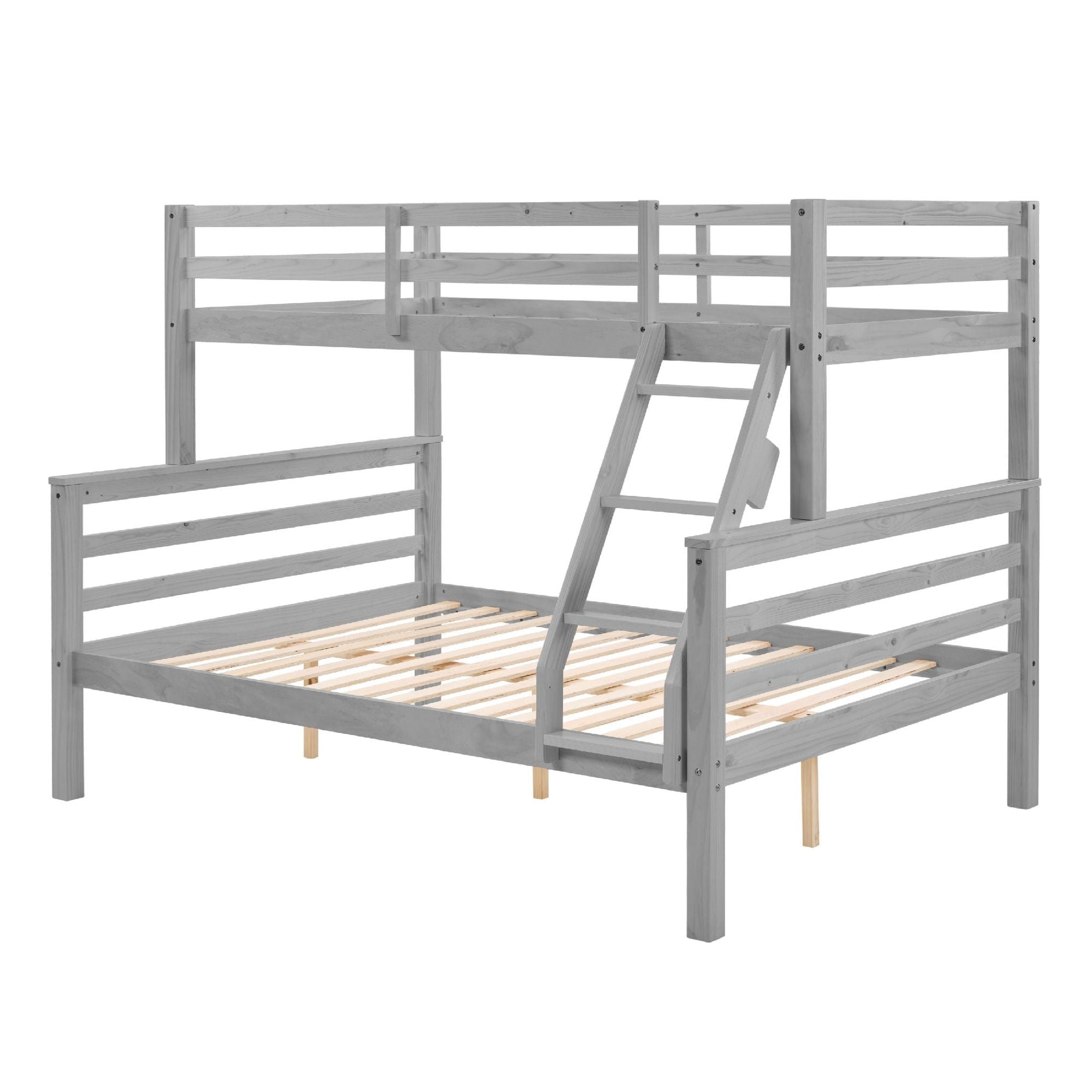 Space-Saving Twin Over Full Wood Bunk Bed with High Guardrail, Ladder, Gray Finish | Just Better Bunk Beds