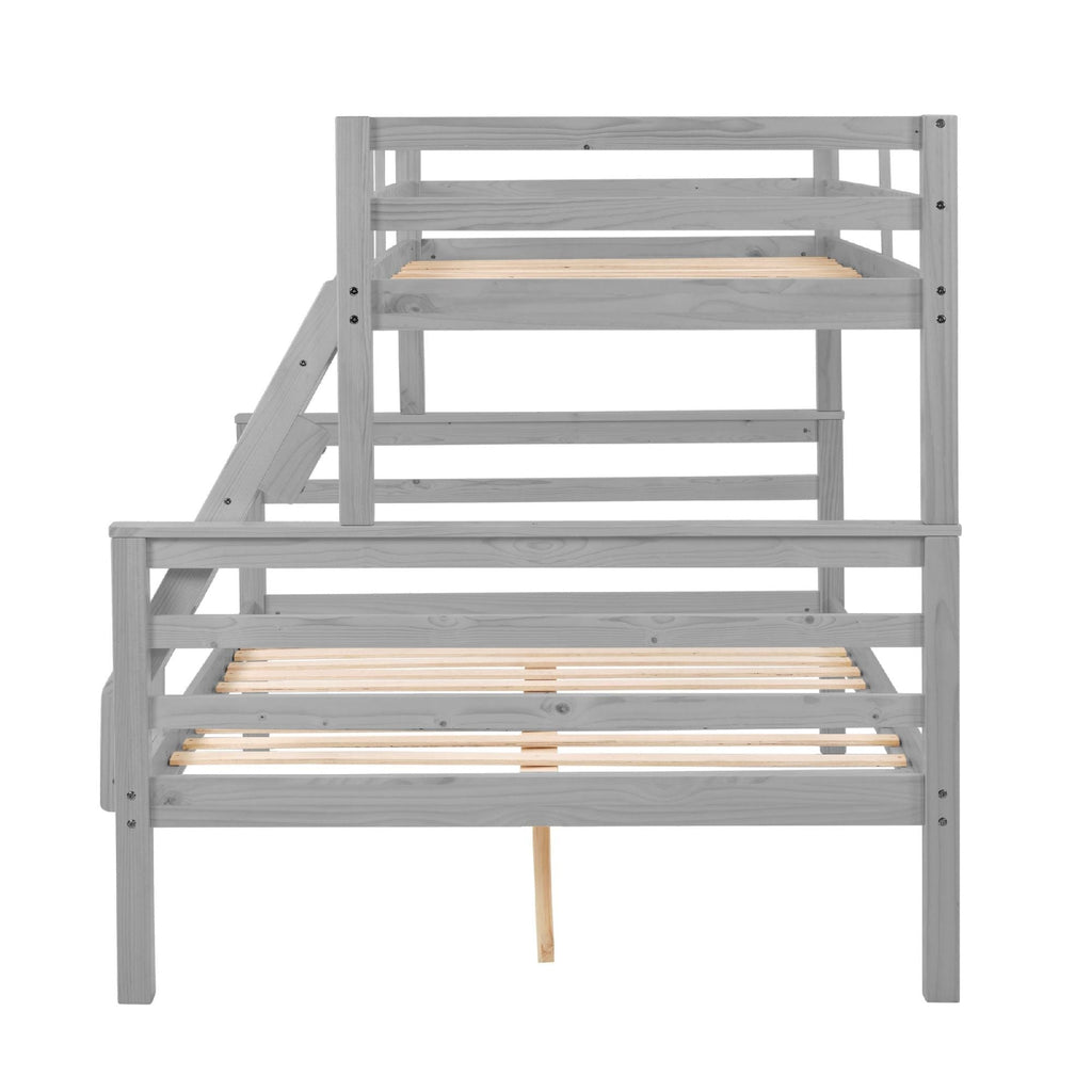 Space-Saving Twin Over Full Wood Bunk Bed with High Guardrail, Ladder, Gray Finish | Just Better Bunk Beds