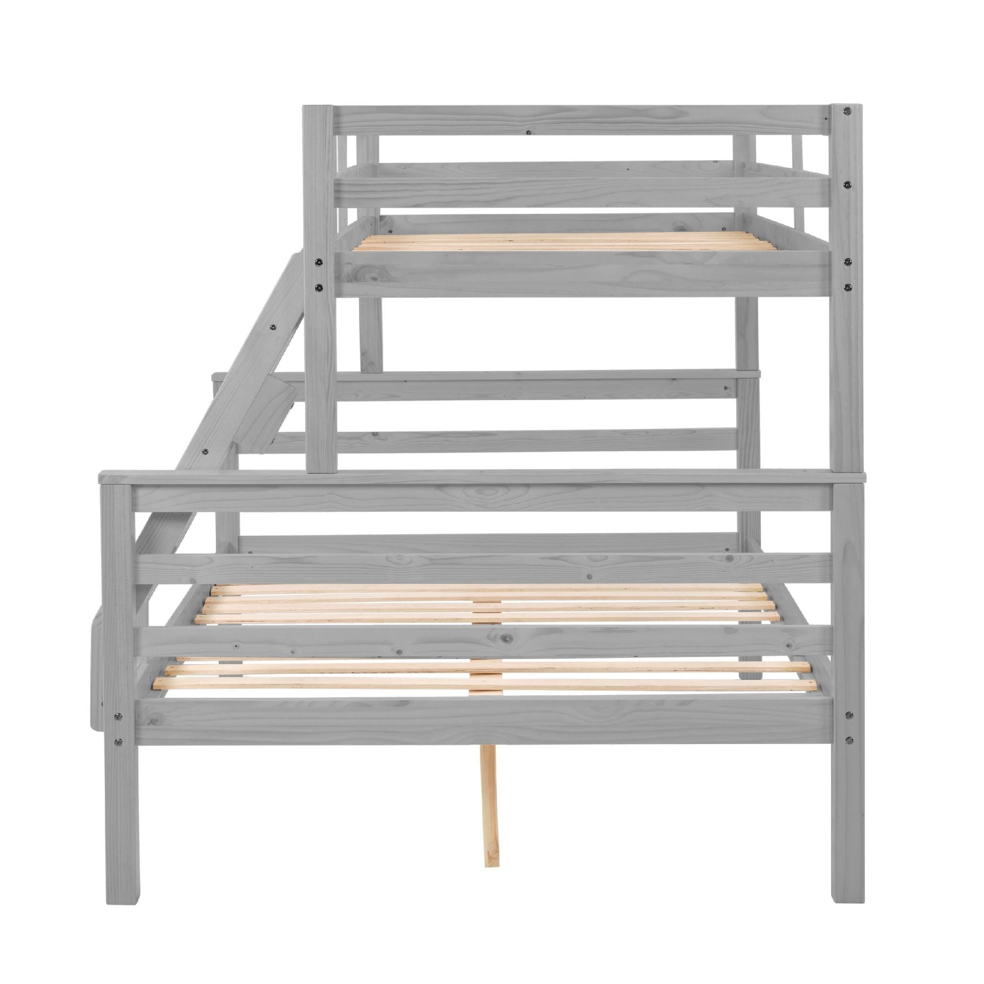 Space-Saving Twin Over Full Wood Bunk Bed with High Guardrail, Ladder, Gray Finish | Just Better Bunk Beds