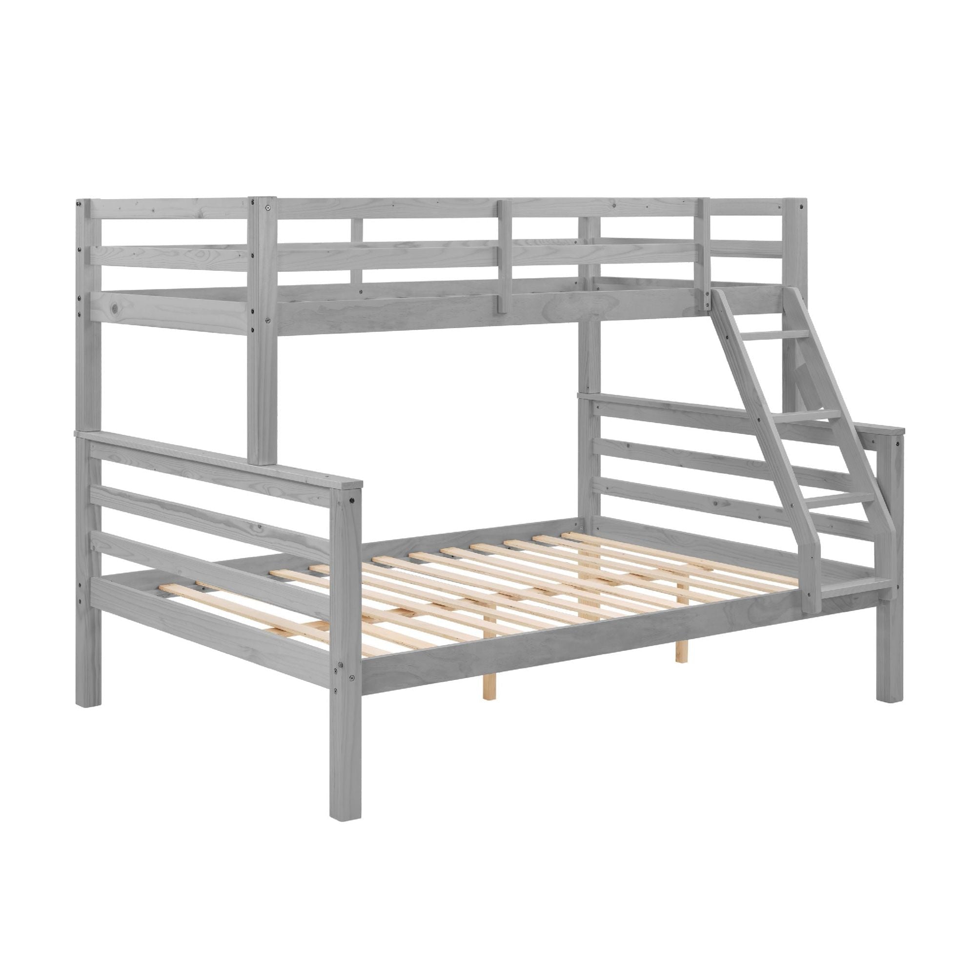 Space-Saving Twin Over Full Wood Bunk Bed with High Guardrail, Ladder, Gray Finish | Just Better Bunk Beds