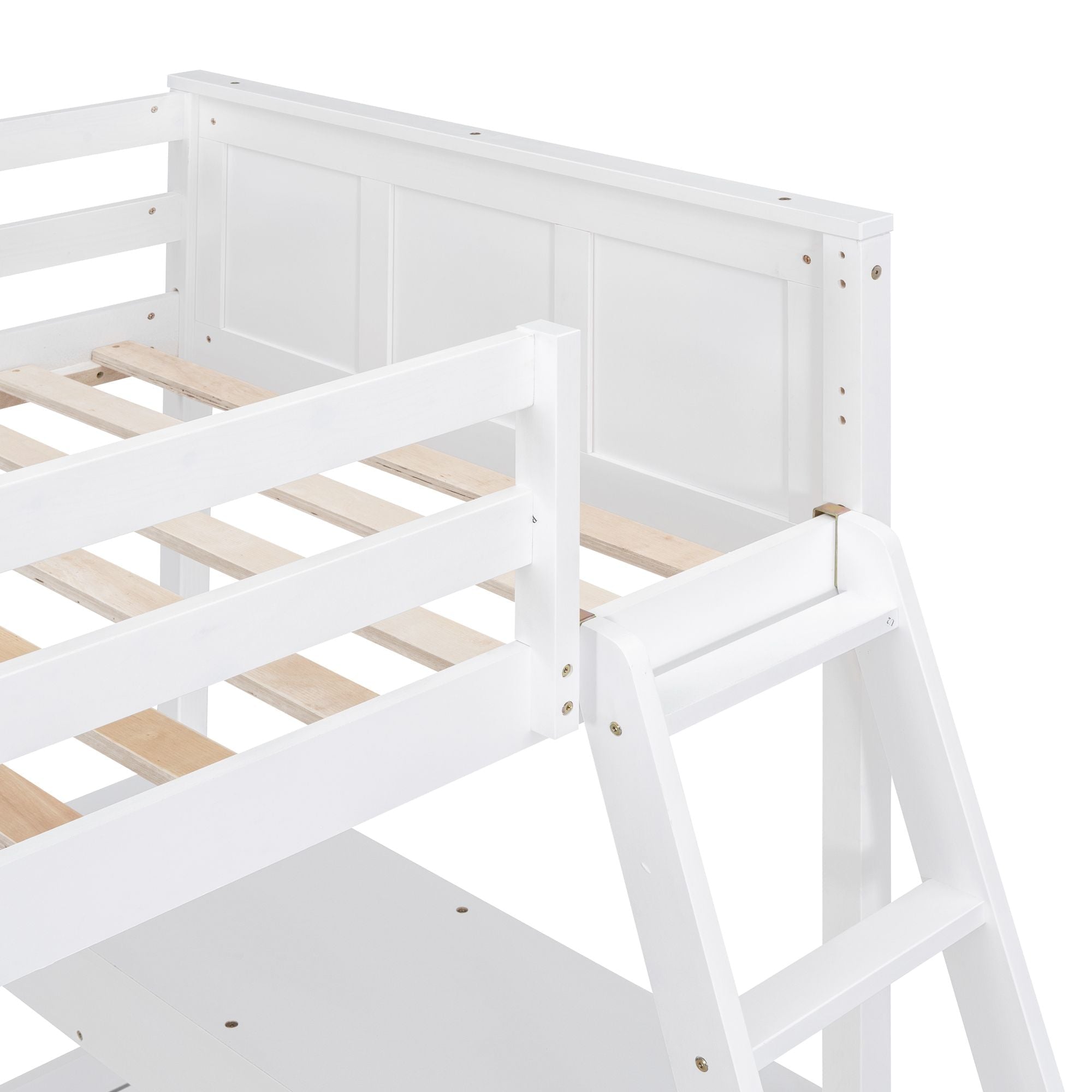 Study Ready Twin Over Full Wood Bunk Bed with Desk White Finish for Kids Shared Rooms | Just Better Bunk Beds