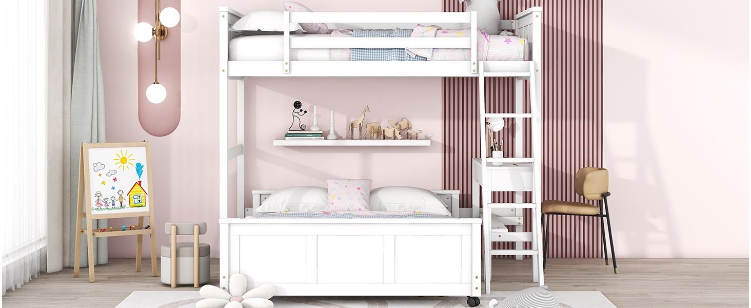Study Ready Twin Over Full Wood Bunk Bed with Desk White Finish for Kids Shared Rooms | Just Better Bunk Beds