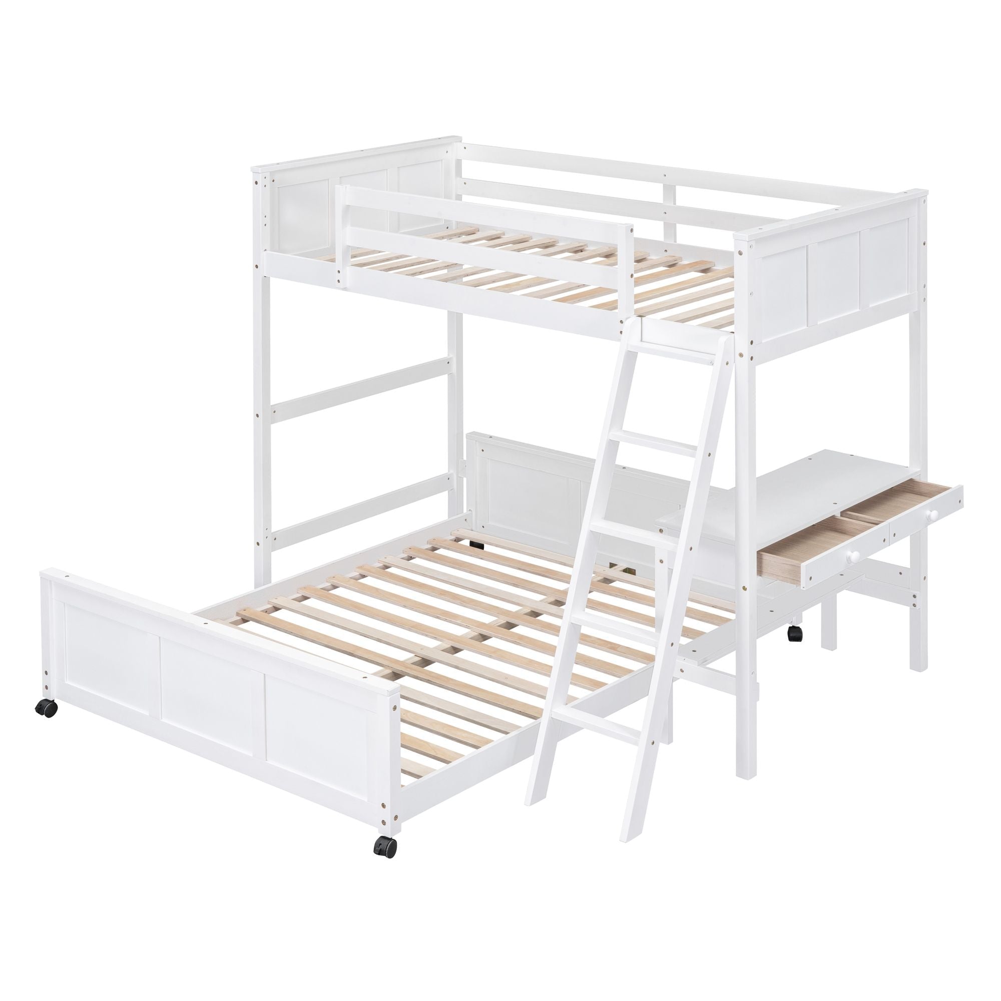 Study Ready Twin Over Full Wood Bunk Bed with Desk White Finish for Kids Shared Rooms | Just Better Bunk Beds