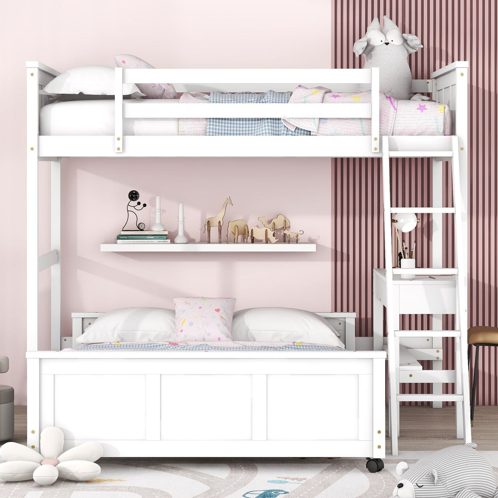 Study Ready Twin Over Full Wood Bunk Bed with Desk White Finish for Kids Shared Rooms | Just Better Bunk Beds