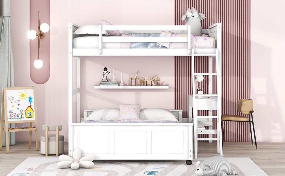 Study Ready Twin Over Full Wood Bunk Bed with Desk White Finish for Kids Shared Rooms | Just Better Bunk Beds