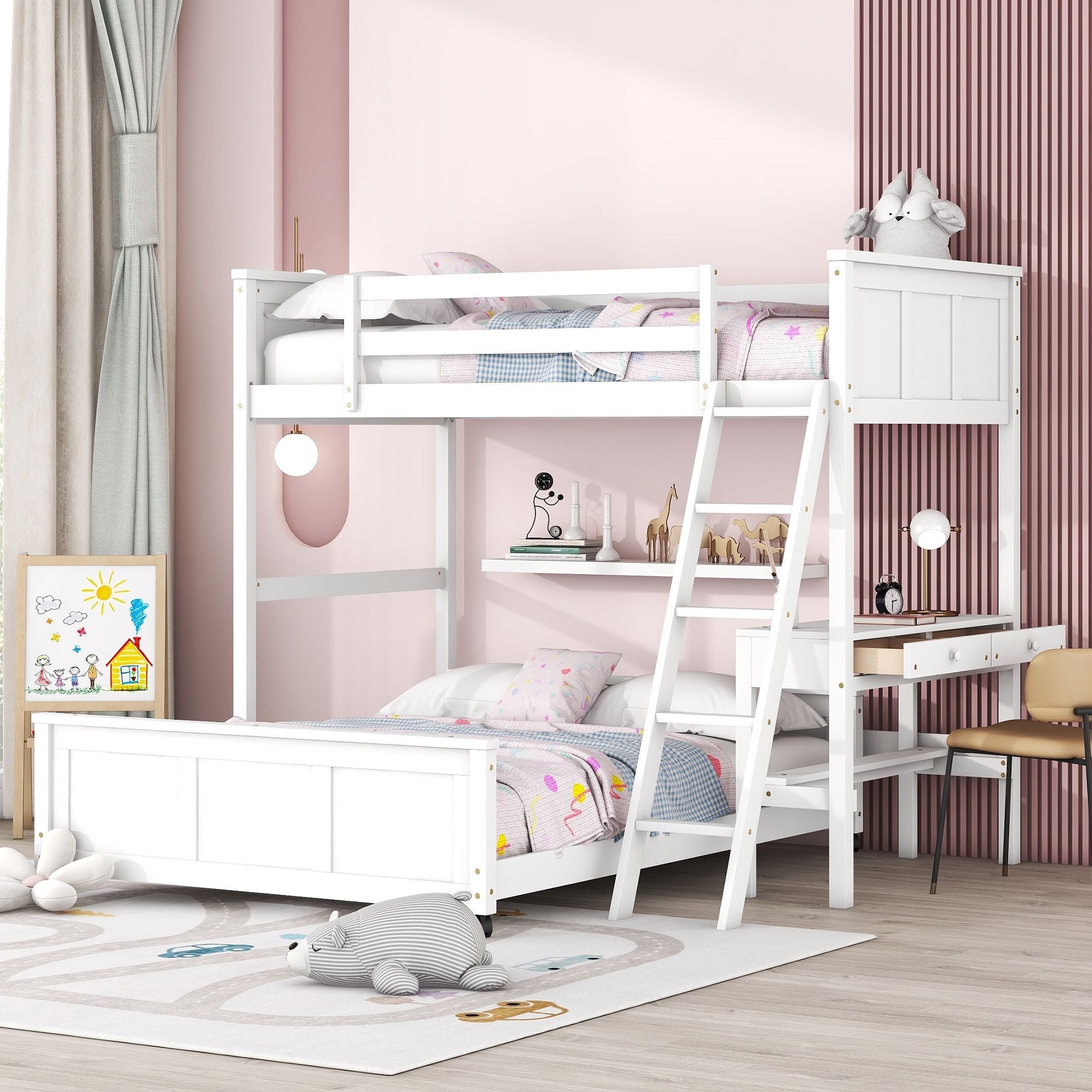 Study Ready Twin Over Full Wood Bunk Bed with Desk White Finish for Kids Shared Rooms | Just Better Bunk Beds