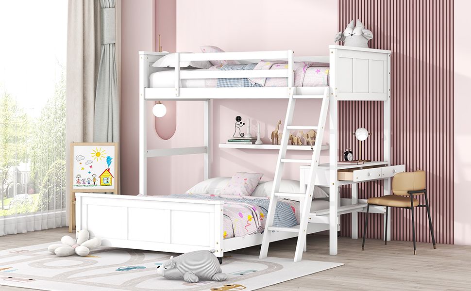 Study Ready Twin Over Full Wood Bunk Bed with Desk White Finish for Kids Shared Rooms | Just Better Bunk Beds