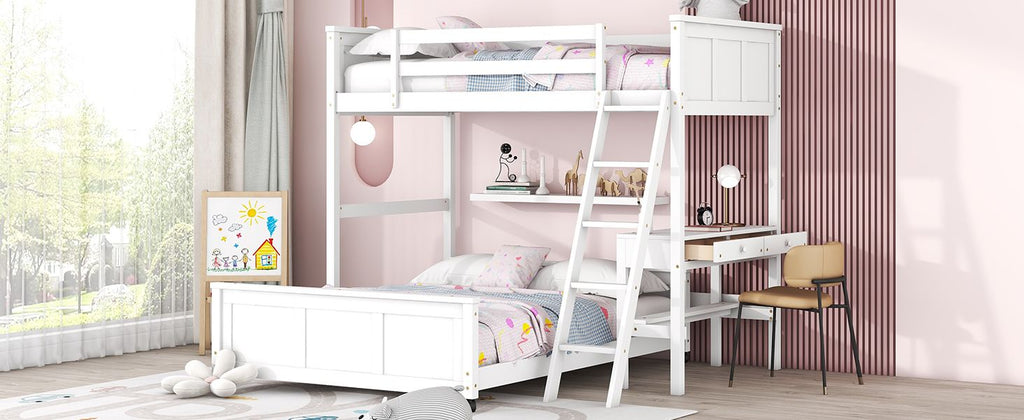 Study Ready Twin Over Full Wood Bunk Bed with Desk White Finish for Kids Shared Rooms | Just Better Bunk Beds